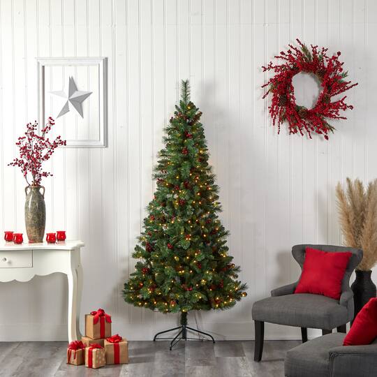 7ft. Pre-Lit Flat Back Montreal Mountain Pine Artificial Christmas Tree, White LED Lights